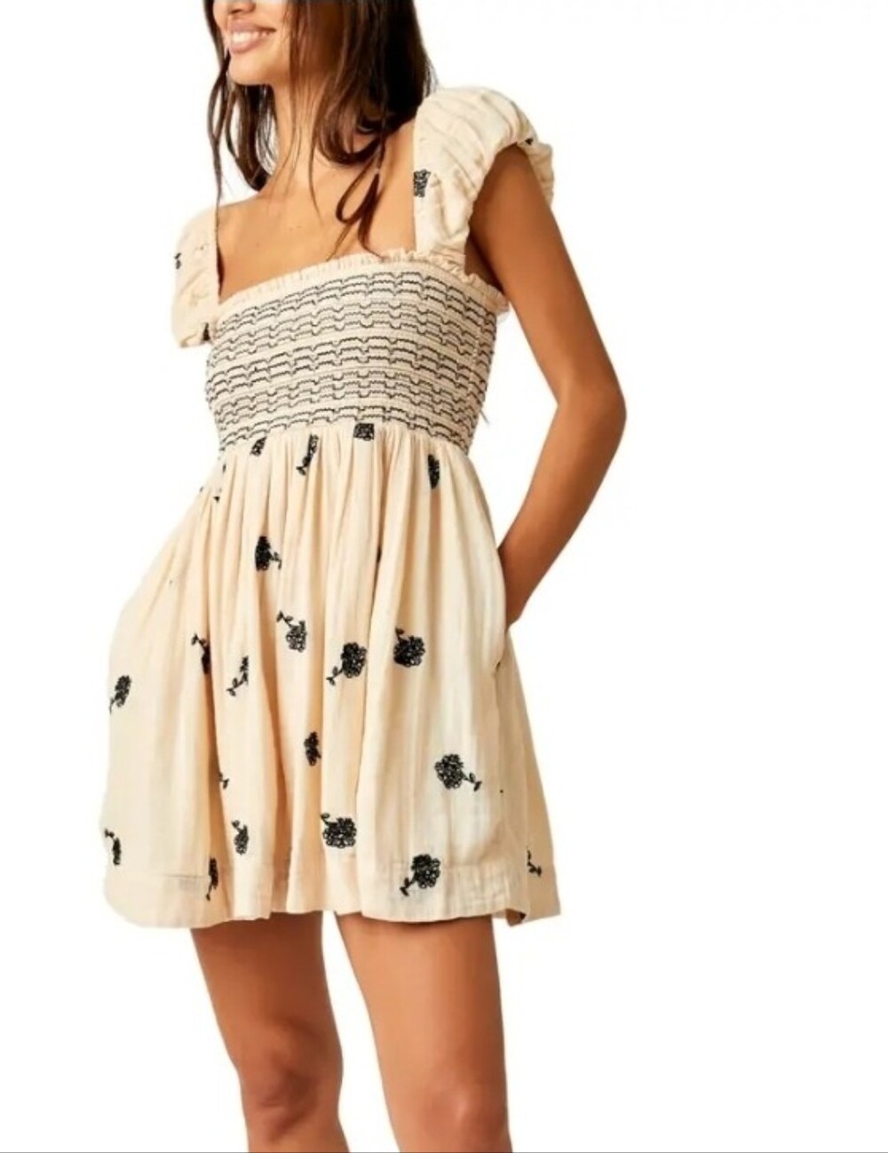 FREE PEOPLE Tori Embroidered dress, cream/black